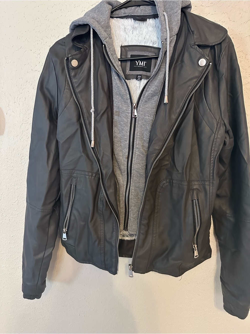 YMI Black Faux Leather Biker Jacket with Gray Hoodie Insert